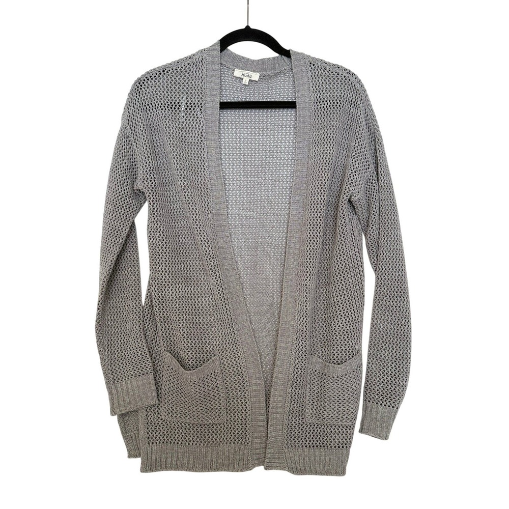 Mudd Cardigan Junior Small Gray Open Front Mesh Knit Long Sleeve Pockets Baggy